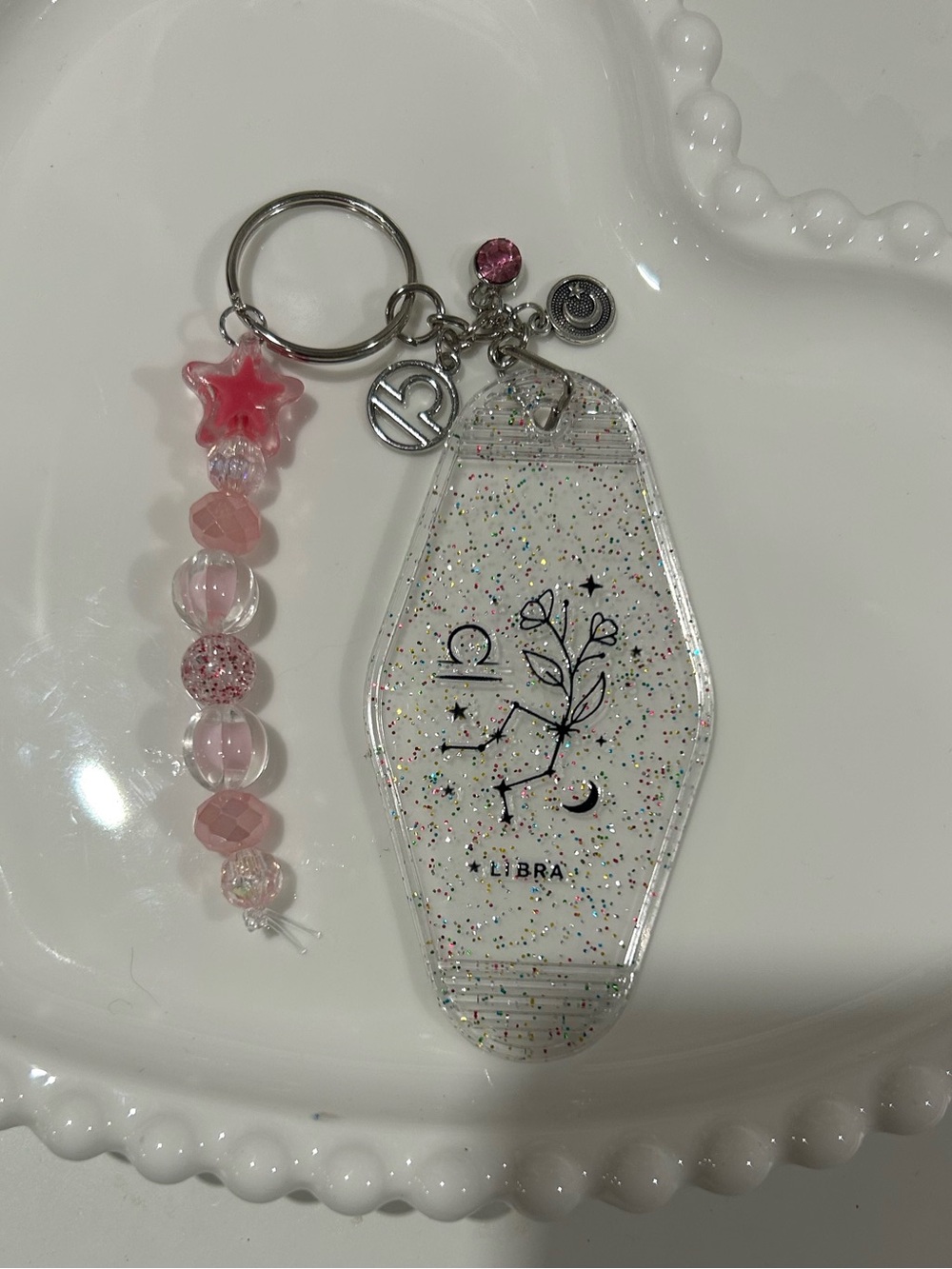 Libra Pink Glitter Zodiac Keychain with Beaded Star Charm